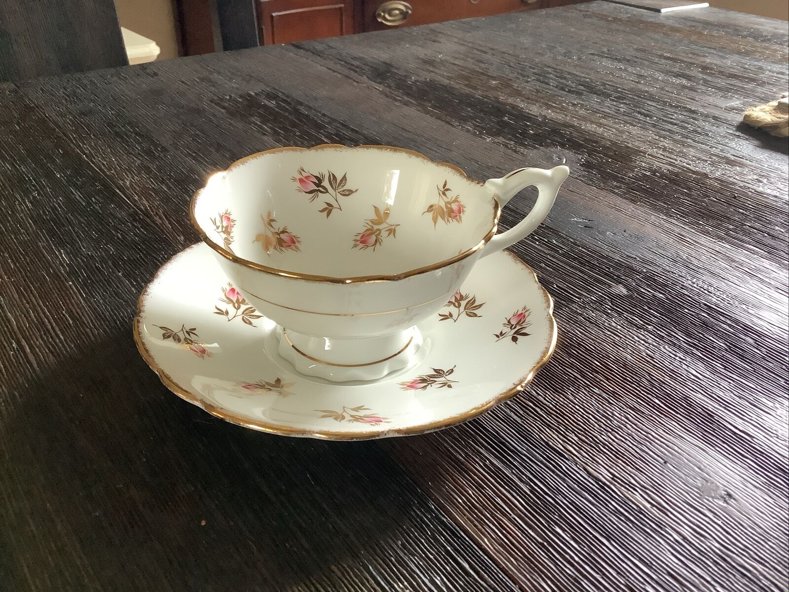 Vintage Royal Stafford Pink Rose Bud Tea Cup Set With Gold Accents