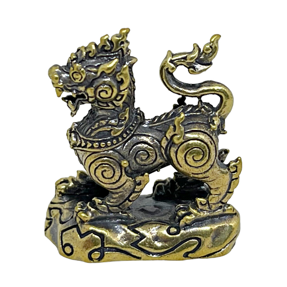 Lion Singha Amulet Siam Foo Dog Feng Shui Destroy Evil Forces Mini Brass Figure