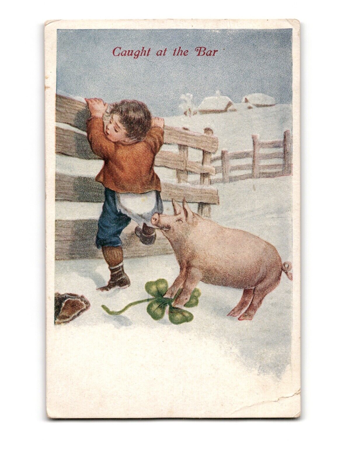Vintage Postcard 'Caught at the Bar' - Boy & Pig - Early 1900s Collectible