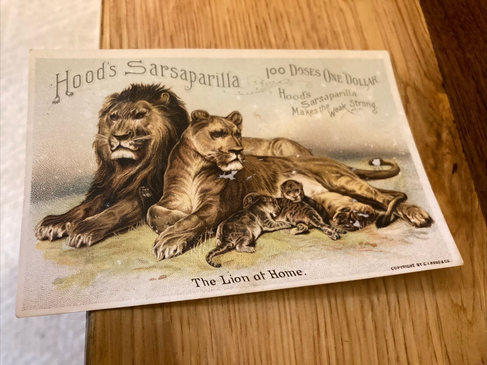 Victorian Trade Card-Hood\'s Sarsaparilla Lion at Home Mr Hussey  Z533