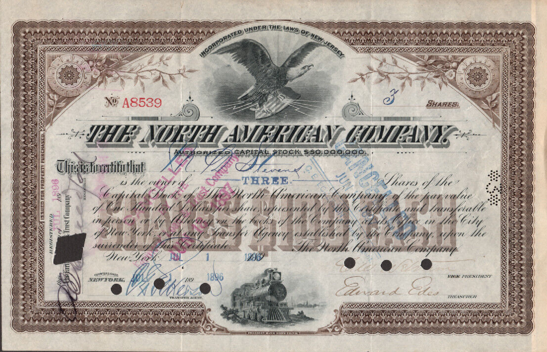 The North American Company - Original Stock Certificate -1896 - A8539