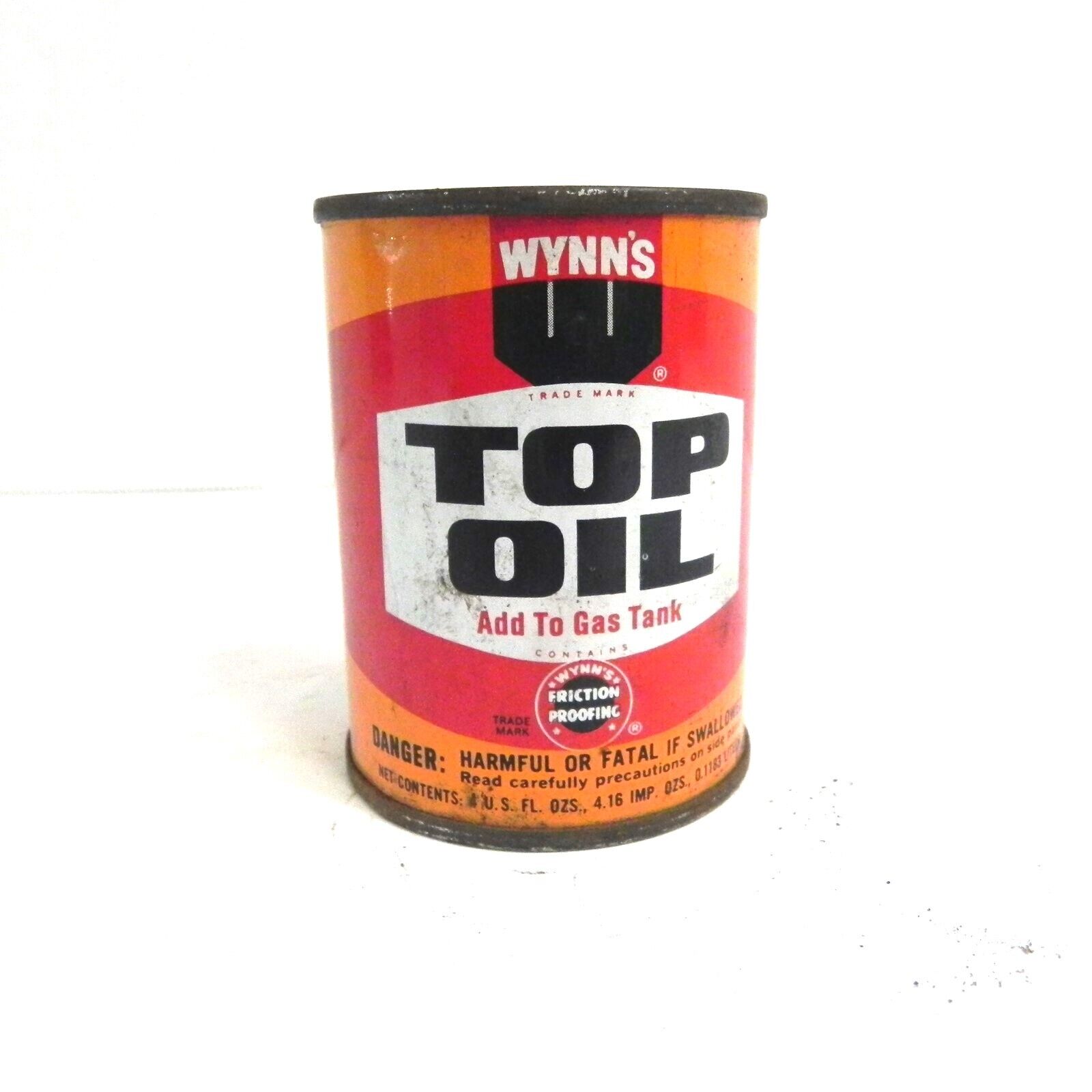 VINTAGE WYNN'S TOP OIL GAS TANK ADDITIVE 4 FL OZ FULL PRE OWNED USED OIL CAN VTG