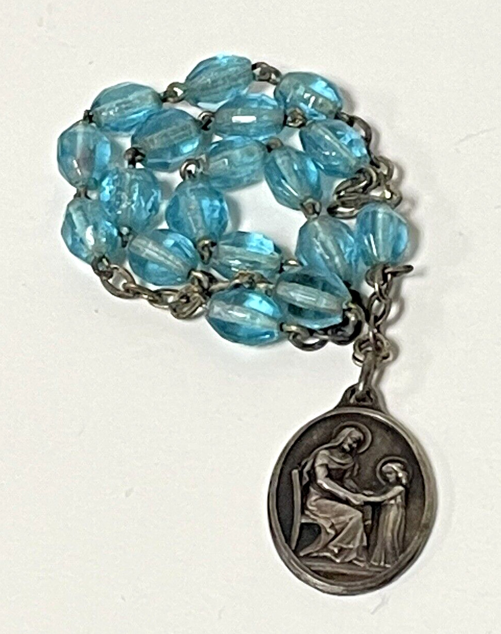 Vintage Archangel Patron Saint Aqua Blue Beaded Christian Prayer Bracelet