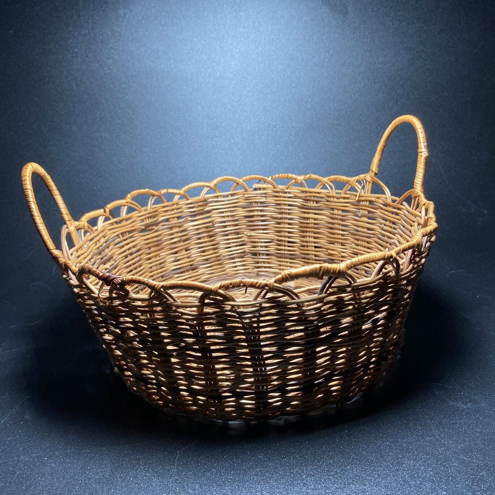 Round Handled French Country Boho Woven Vintage ? Wicker Basket