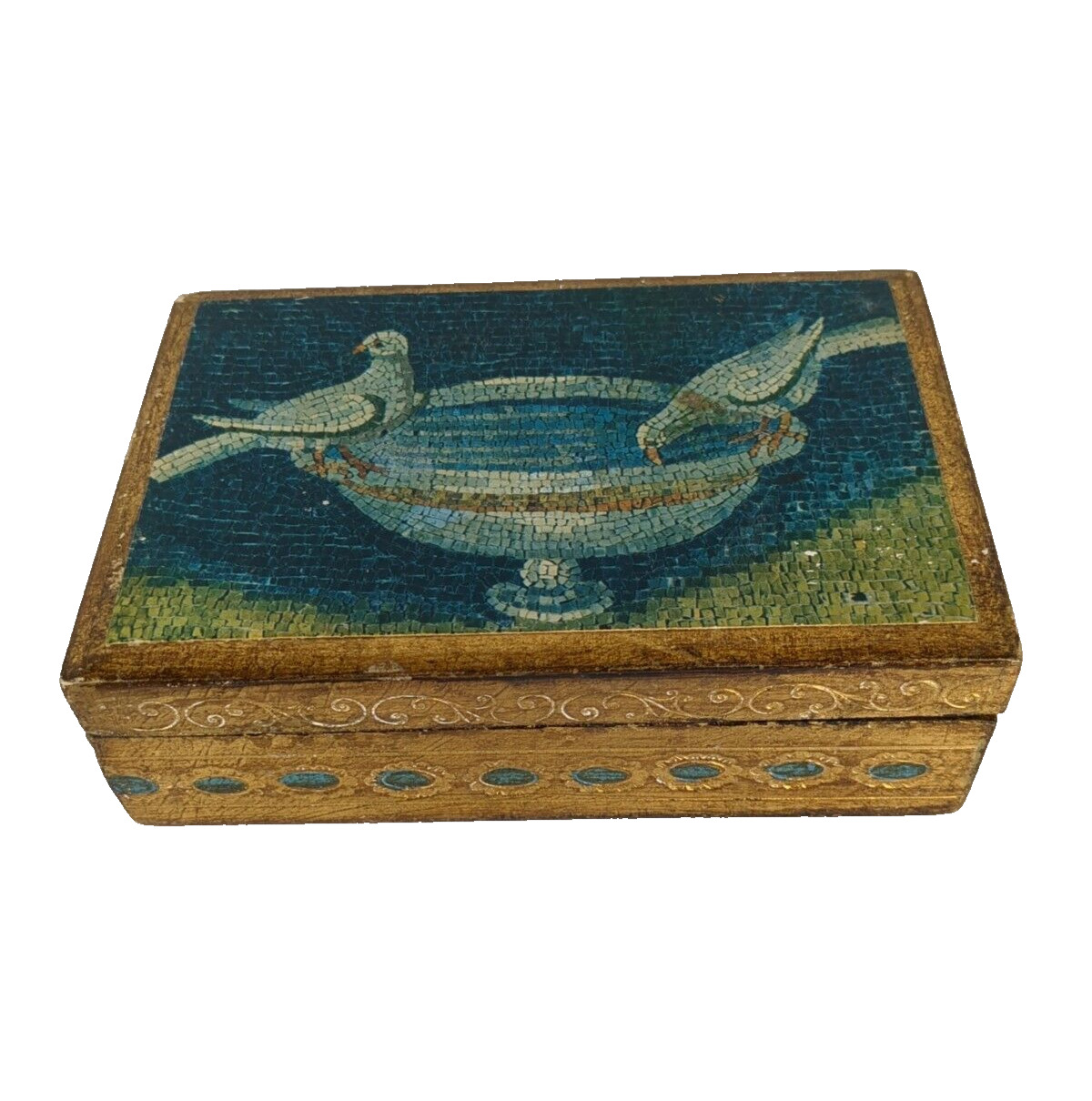Vintage Florentine Italy Trinket Box Doves Fountain Gold Blue
