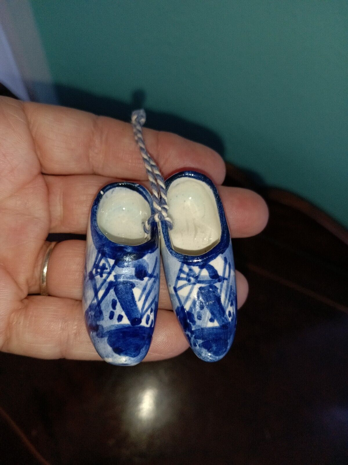 Vtg 70\'s Miniature Delft Blue White Clogs Shoes Christmas Ornament Holland