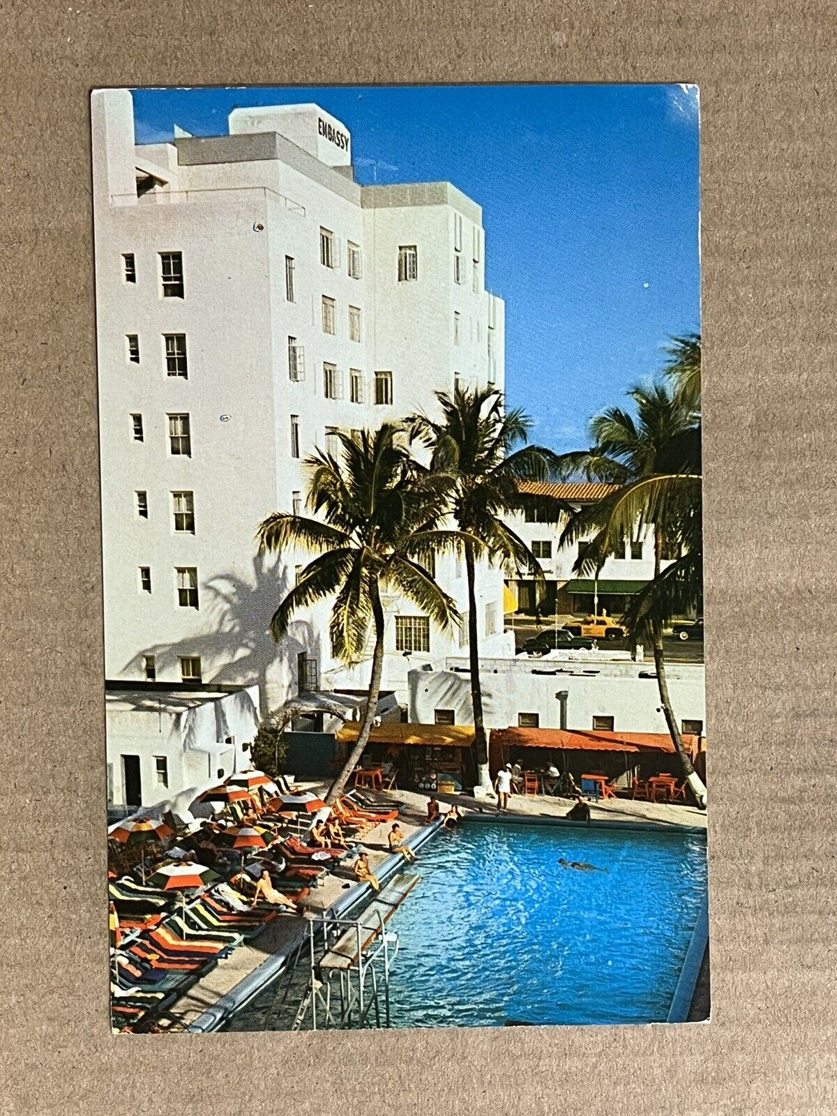 Postcard Miami Beach FL Embassy Hotel Pool Cabana Club Solarium Ocean View