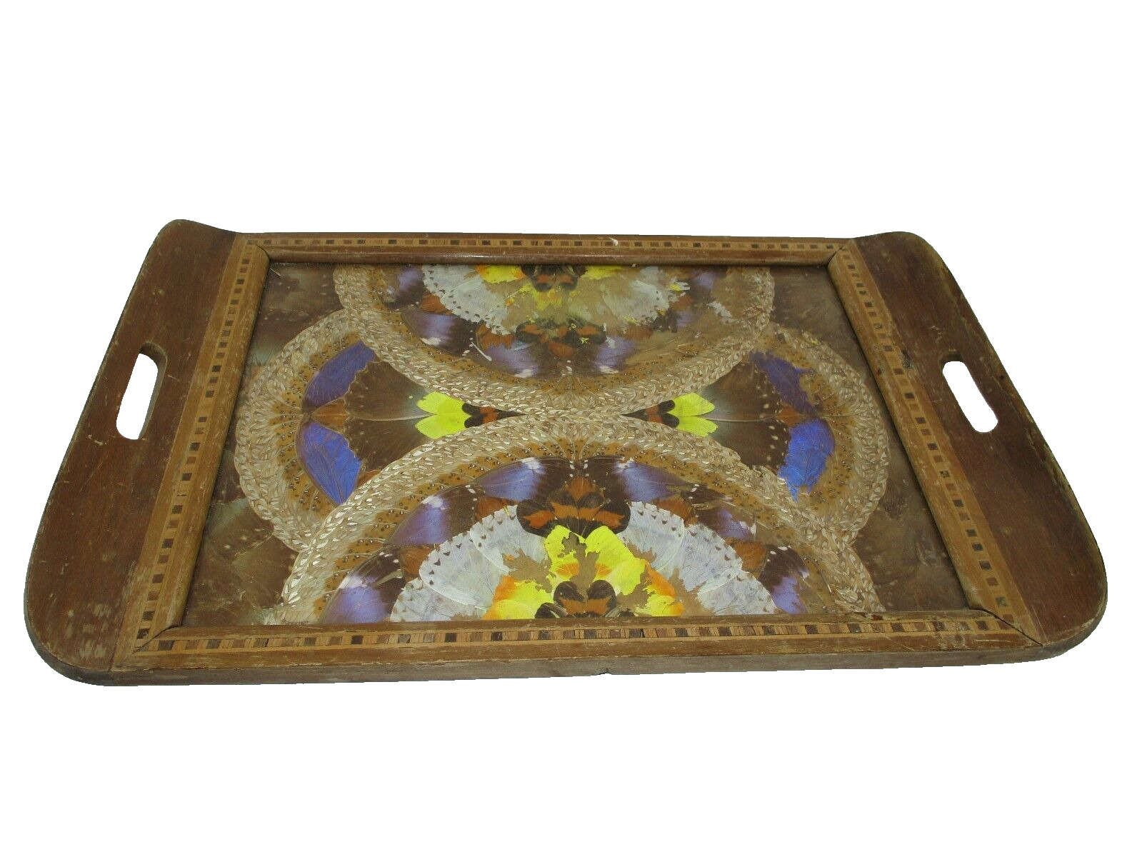 Vintage Handmade Brazilian Butterfly Wing Tray Inlaid Art Deco Wood 20\