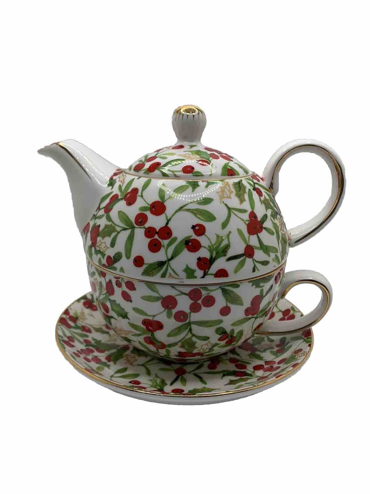 Elegance Brand Holly Berries Stackable Tea For One Set