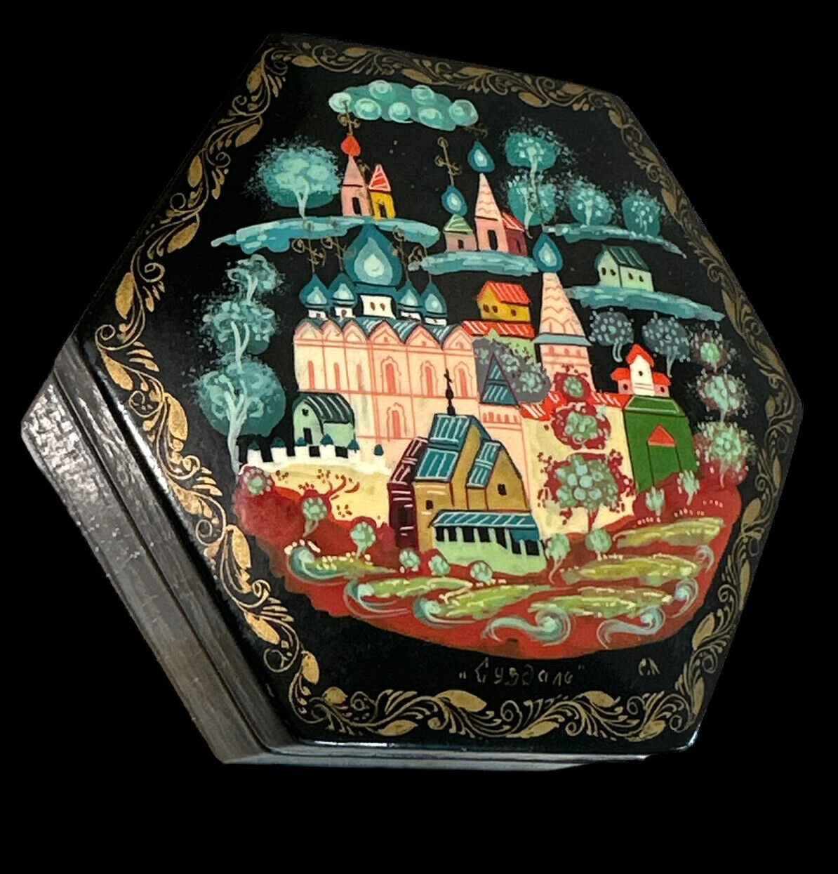 Vintag Palekh Russian Hexagonal Lacquer Box Castle Fairy Tail Artist Signed