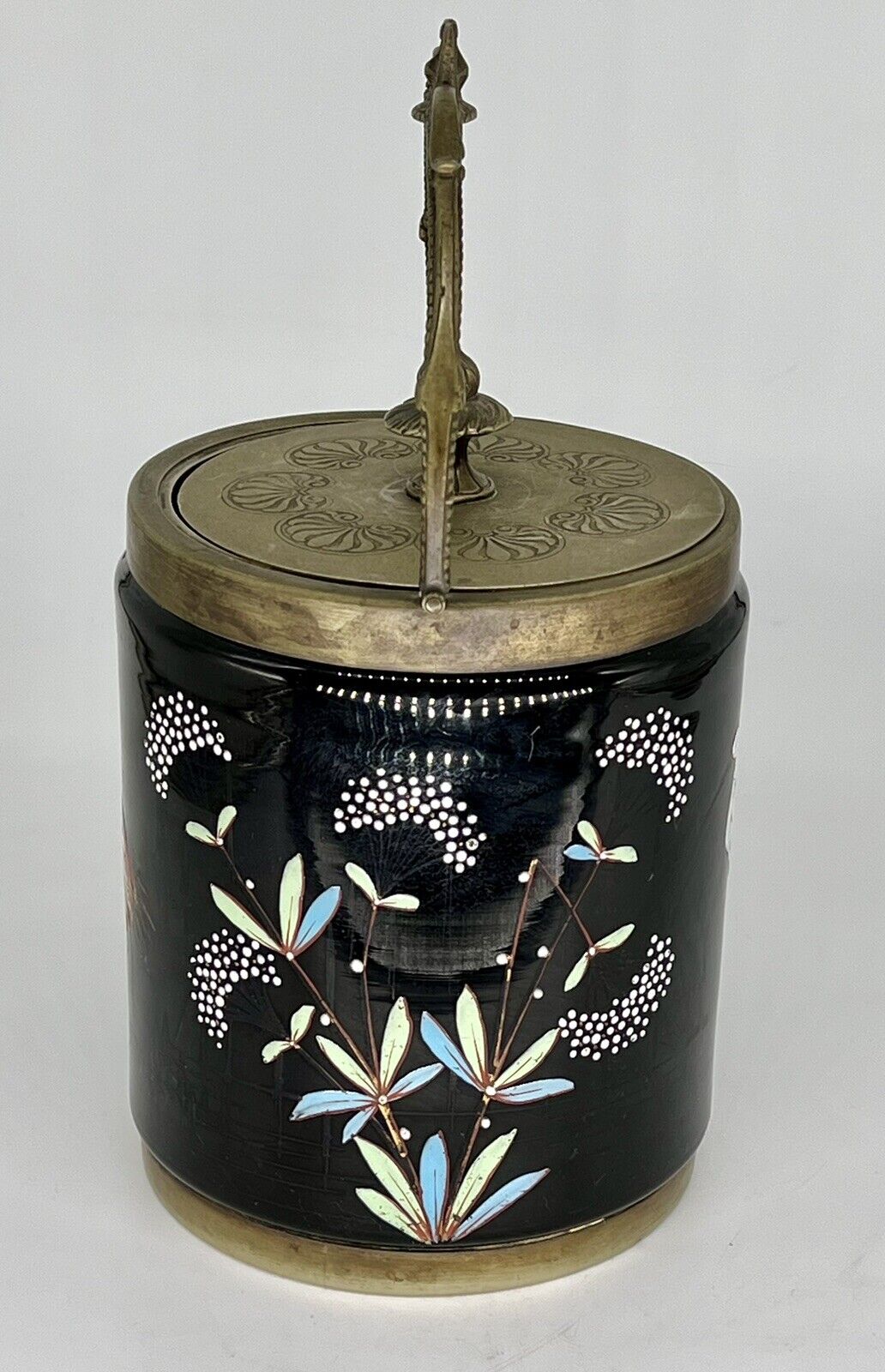 Antique Black Glass Biscuit Jar Asian Moriage Cranes And Bamboo Ornate Handle