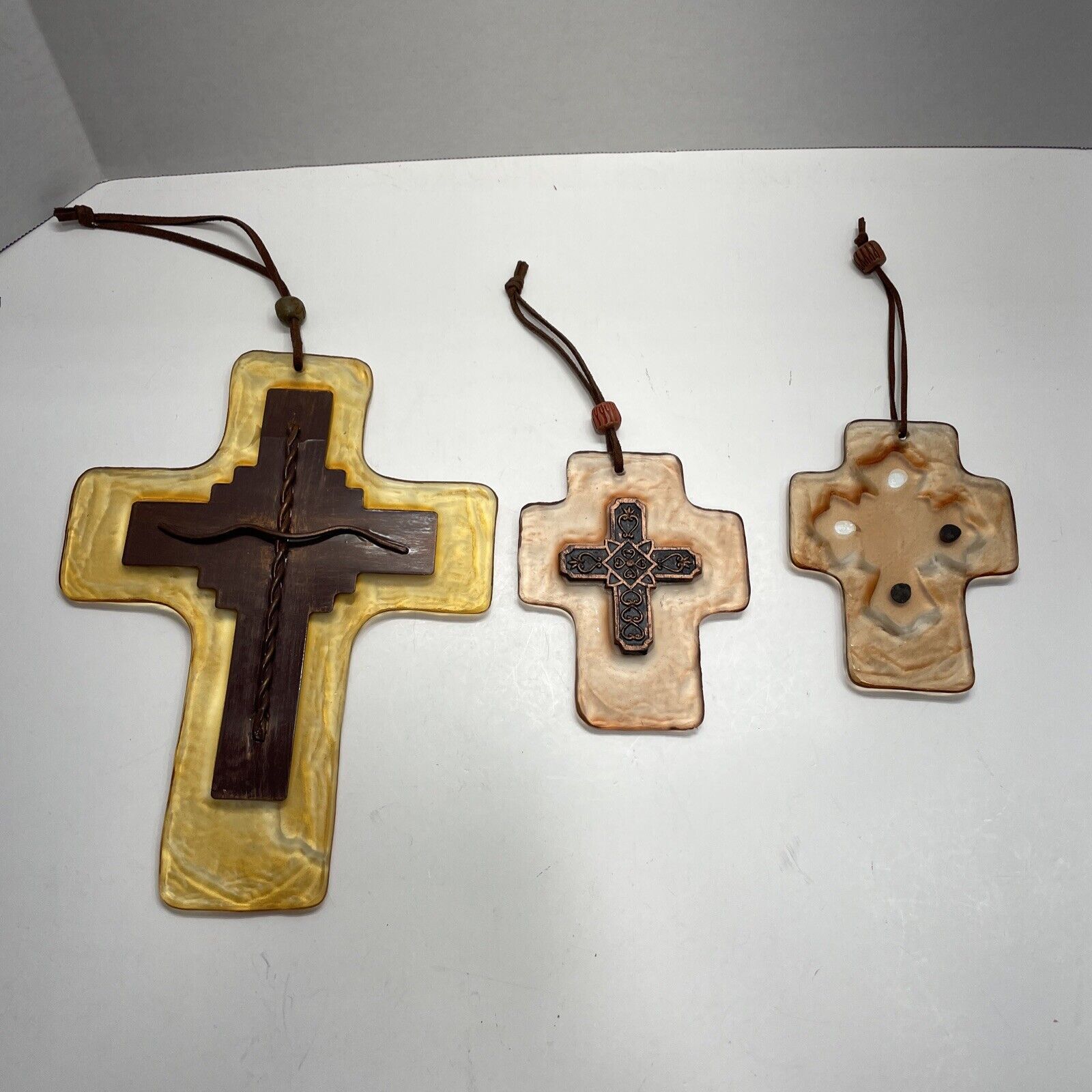 Lot of 3 Christian Cross Suncatcher - Fused Glass w/Metal Insert & Clay Beads