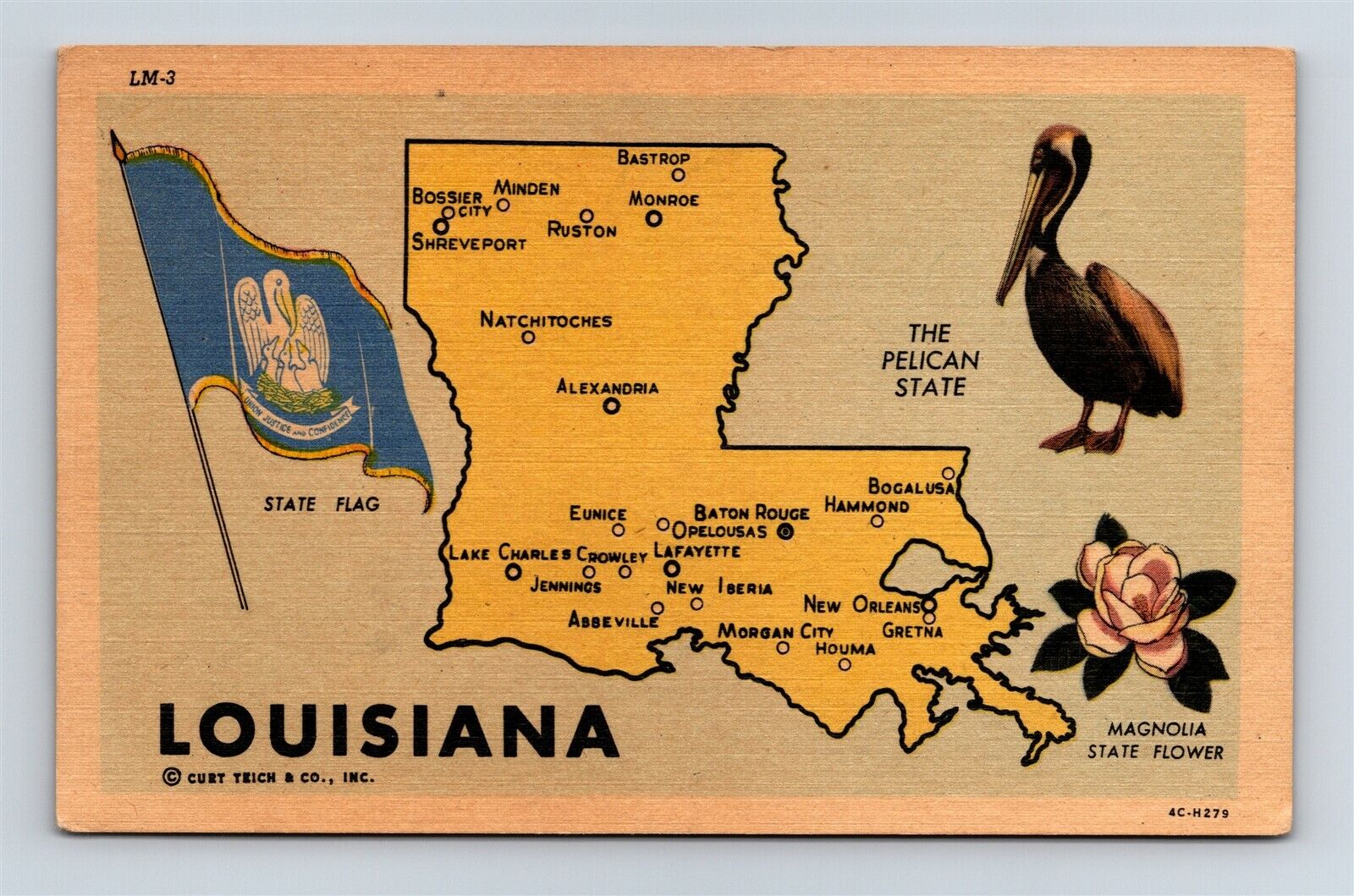 Postcard LA Louisiana State Map Flag The Pelican State Flower Vintage Linen AI3