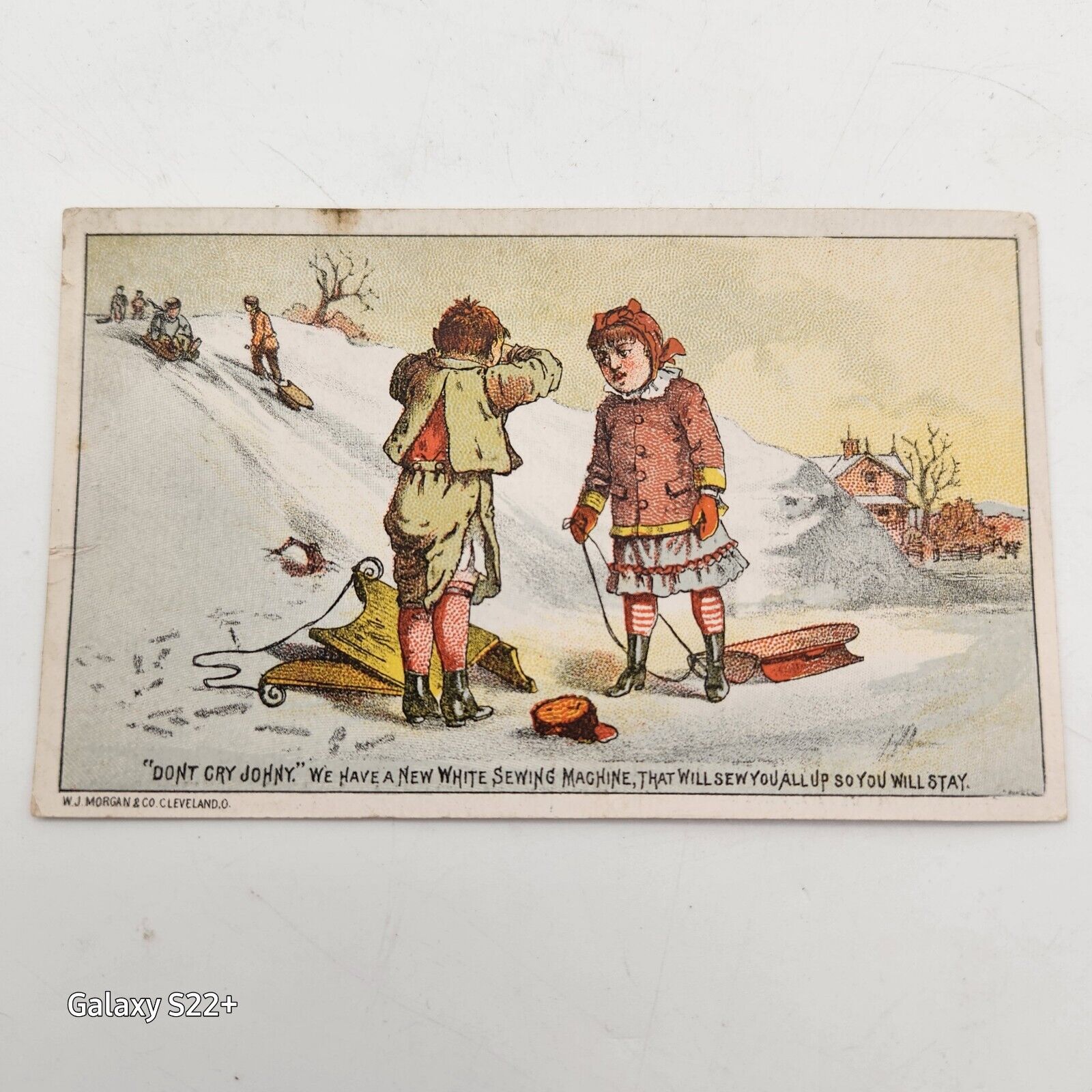 Antique Old Trade Card New White Sewing Machine Sledding Accident Torn Pants