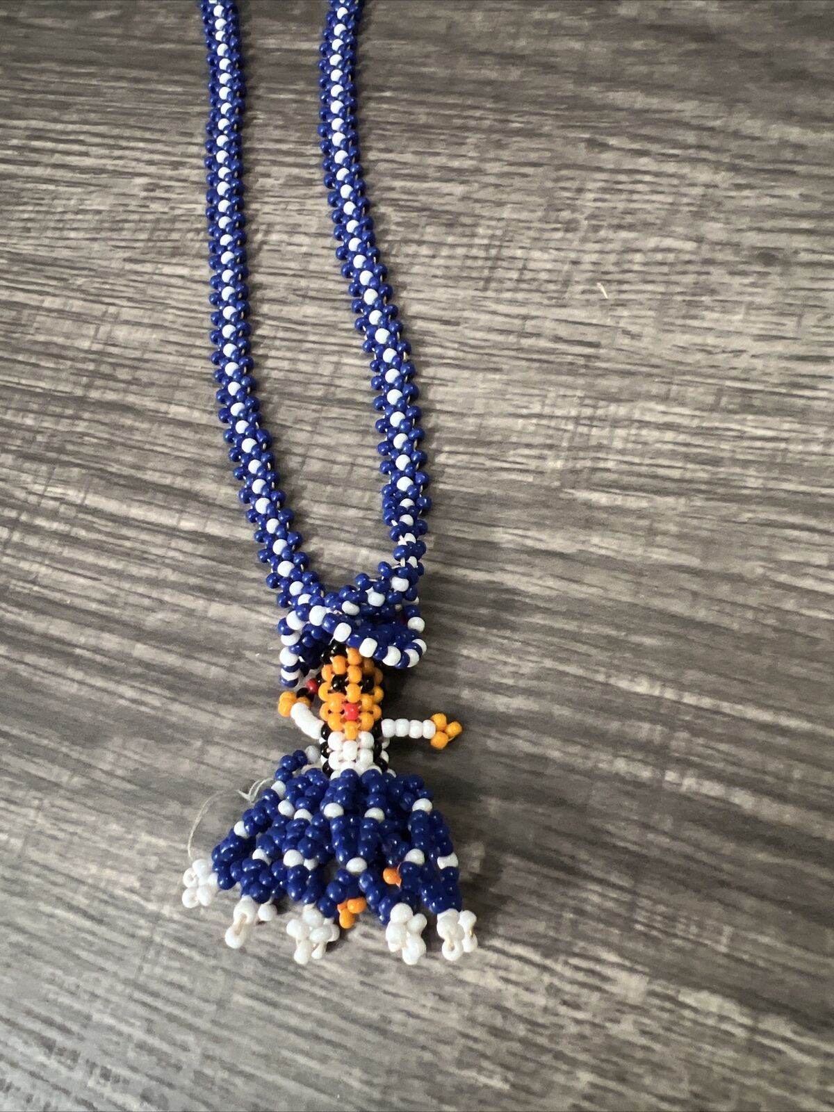 Vintage Handmade Beaded Native Indian Woman Blue Dress  Necklace Needs Repair