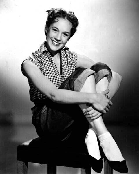 Julie Andrews 1960\'s sitting on still in checkered shirt and jeans 4x6 photo
