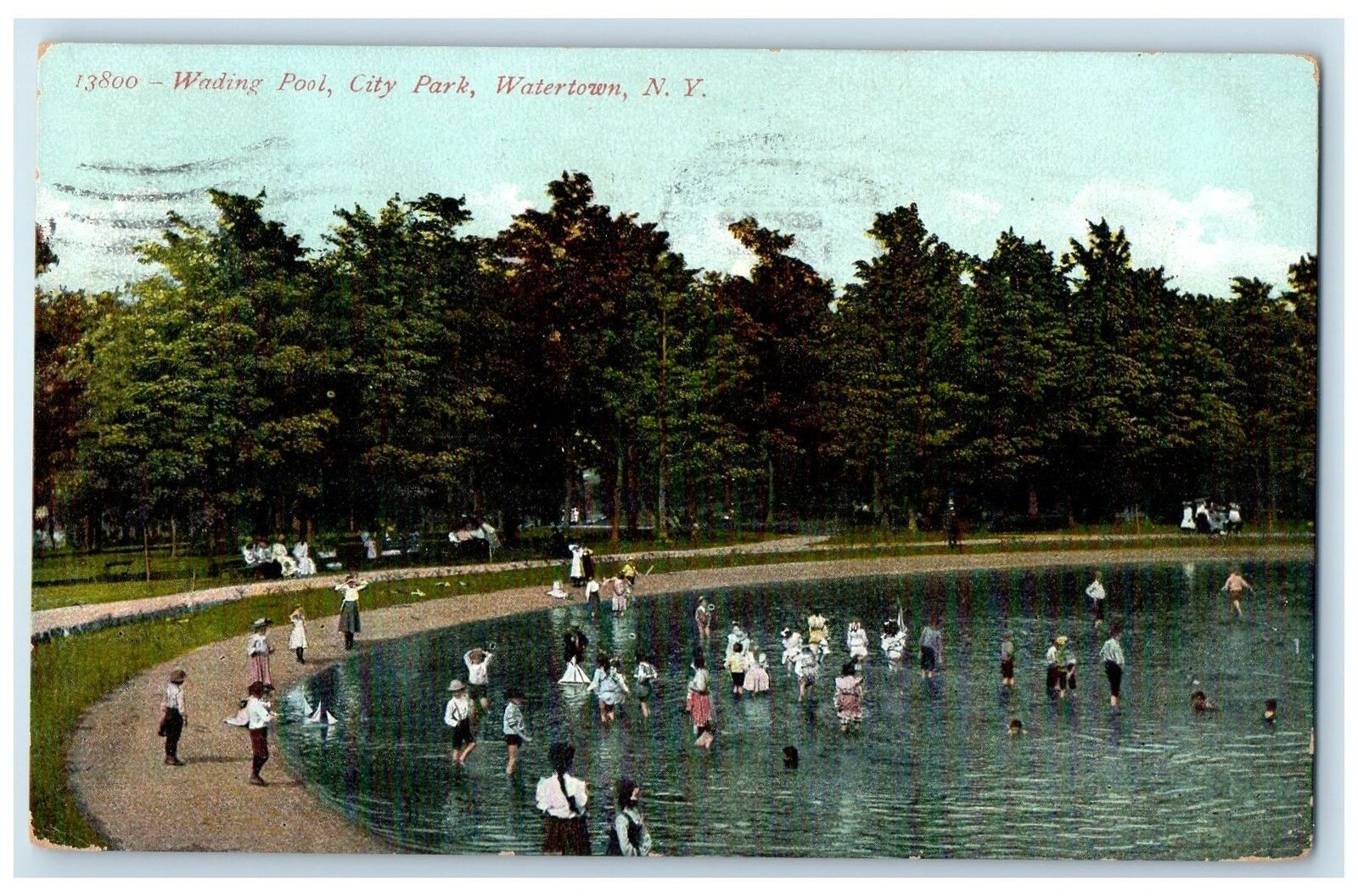 1908 Wading Pool City Park Bathing Watertown New York NY Posted Trees Postcard