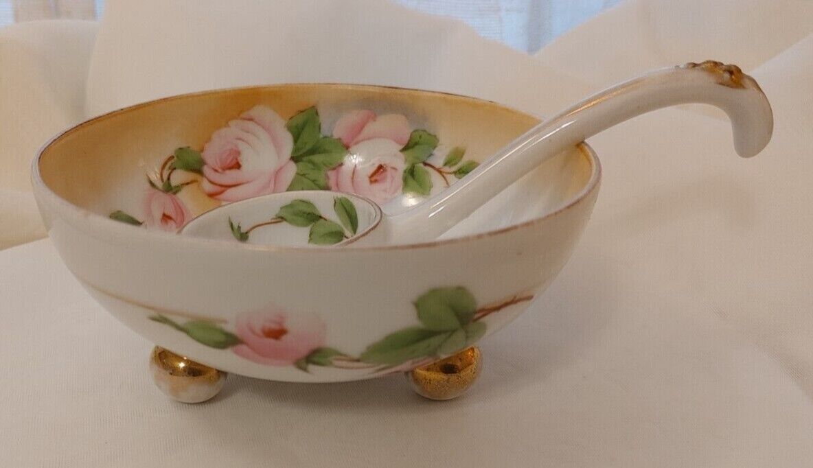 Vintage Royal Munich Morin Hand-Painted Footed Bowl with Ladle Pink Roses