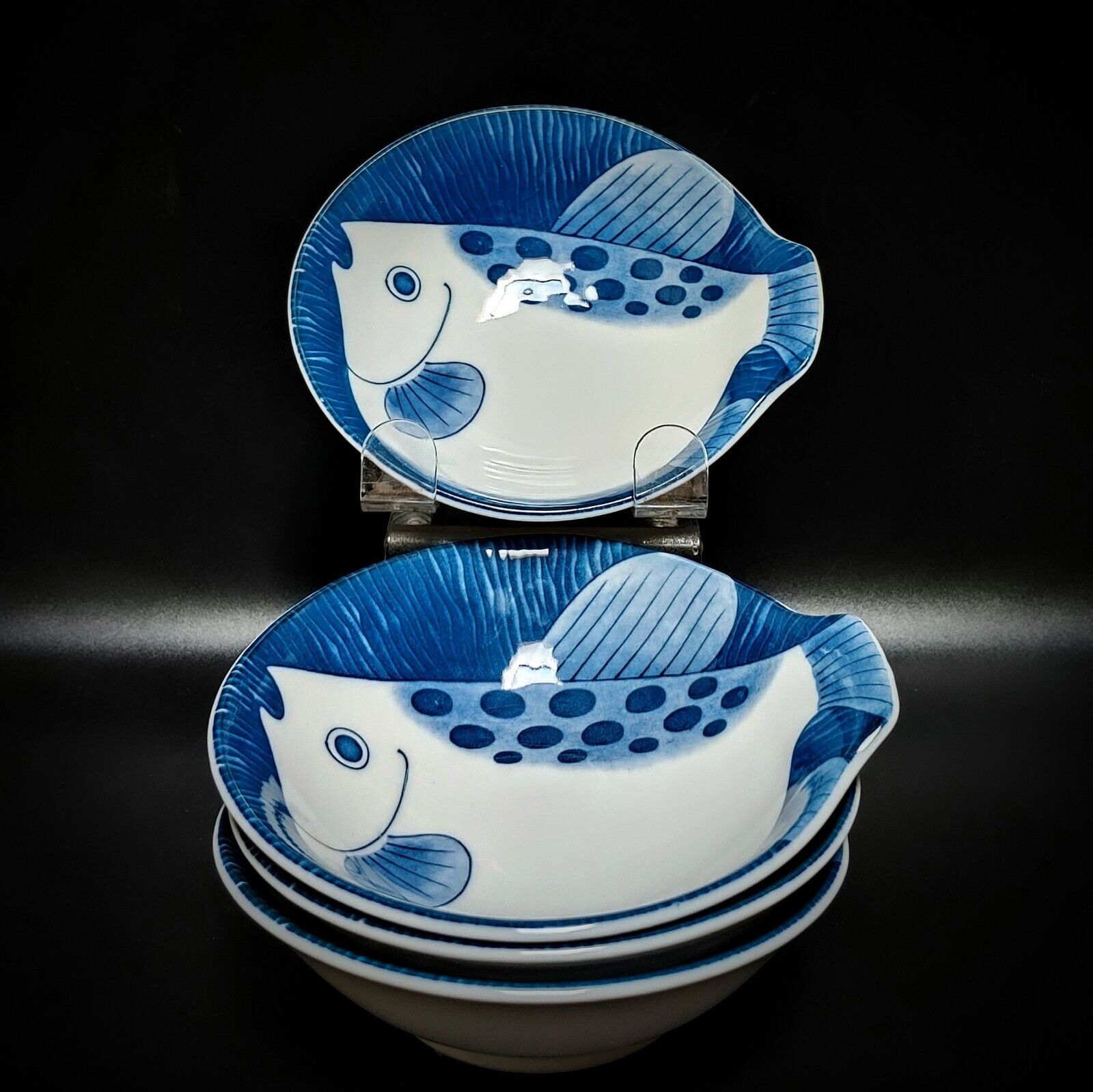Fugu Fish Japanese Rice Bowls Blue & White  Set of 4 5” X 1 3/4” 
