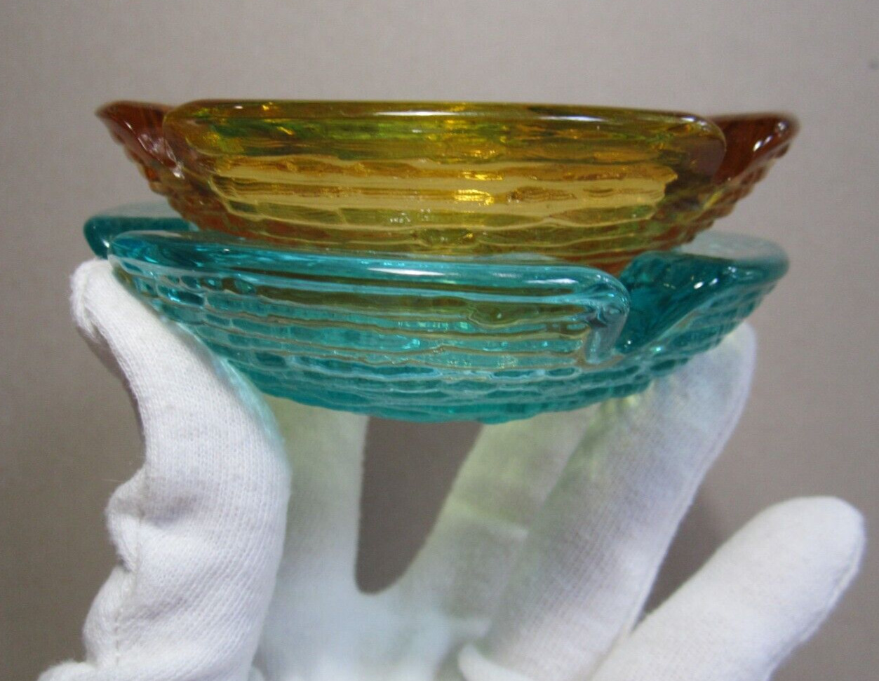 Anchor Hocking SORENO glass ashtray MCM aqua teal turquoise gold SET 2 ribbed