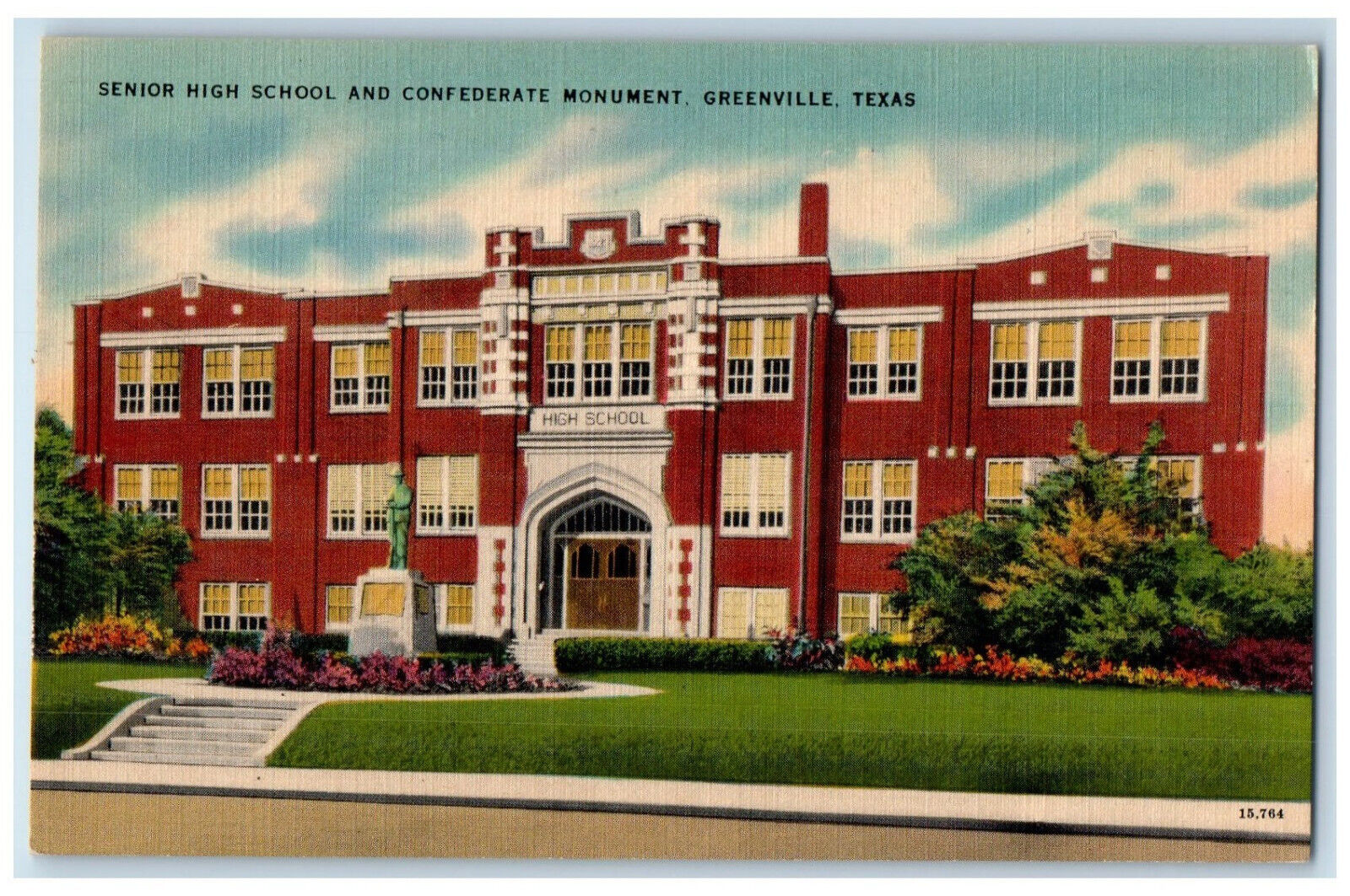 c1940's Senior High School and Confederate Monument Greenville Texas TX Postcard