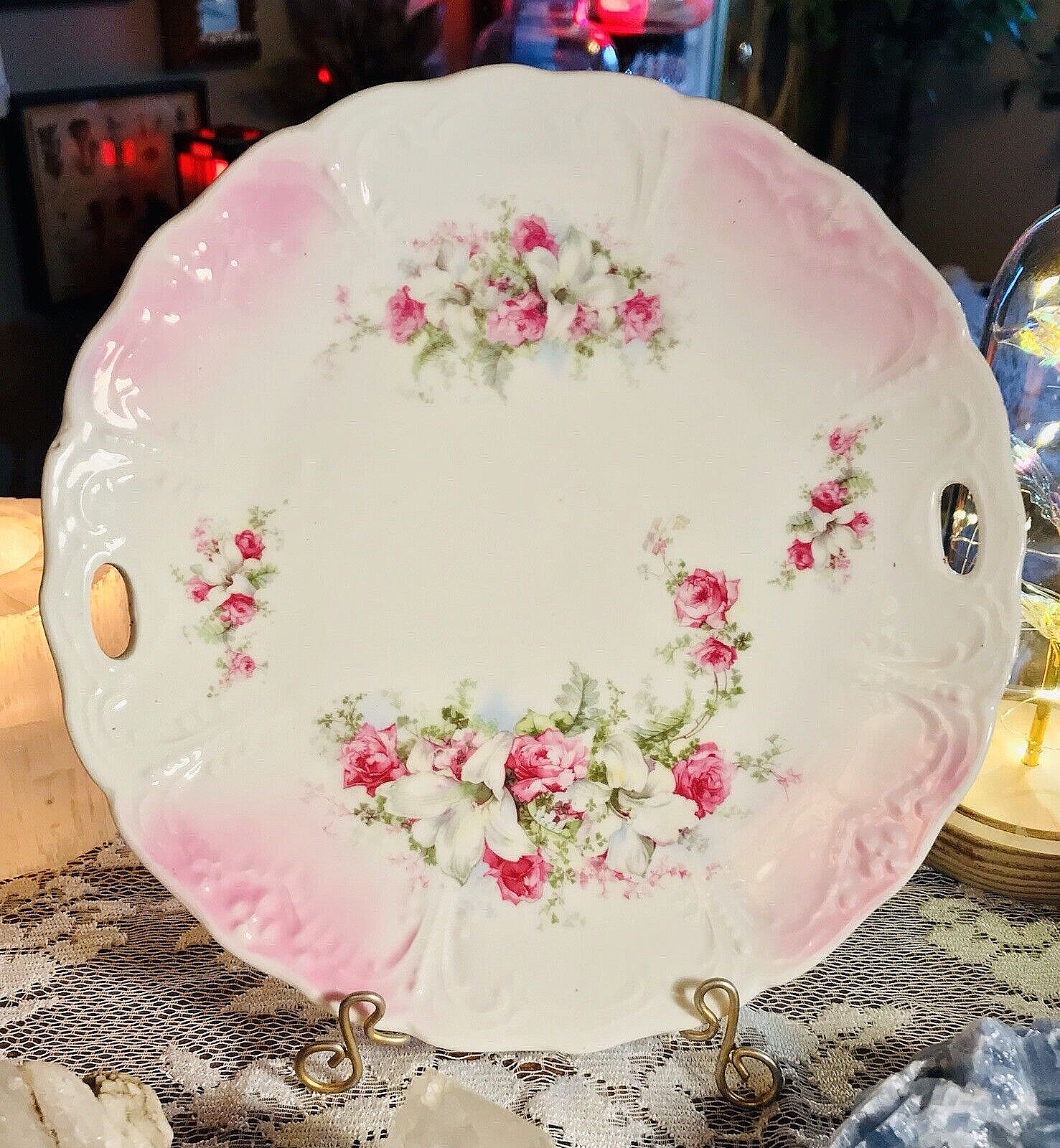 Vintage Victorian Cottage Hand Painted Star Lily Rose Fae Garden Cake Plate