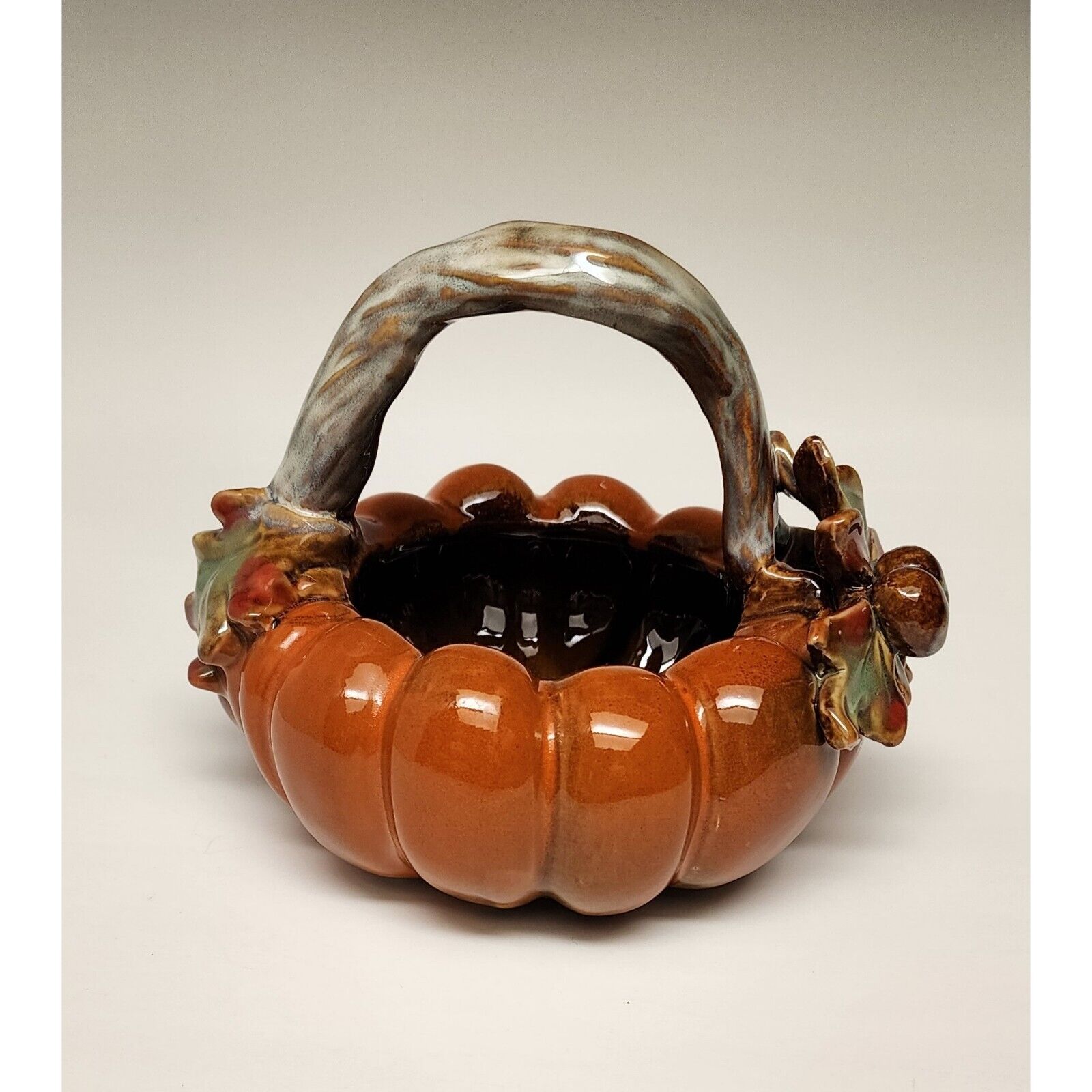 Tii Collections Ceramic Pumpkin Leaf and Stem Handle Dark Autumn Colors Decor 