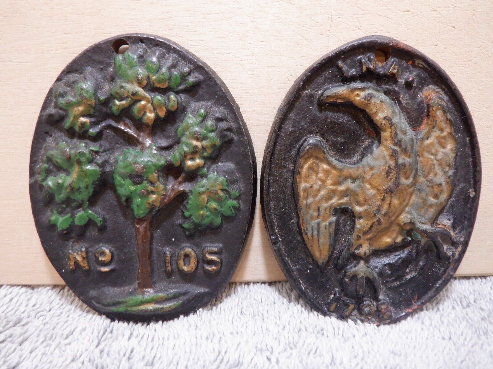 PAIR of Antique/Vintage Cast Iron Fire Marks Badges Plaques Tree 105, Eagle 1792