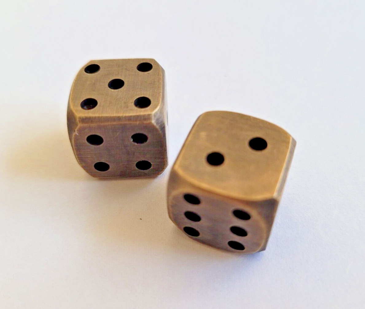 Solid Brass Pair Dice - Antique Finish Brass Rounded Corners Heavy Duty 2 Dices
