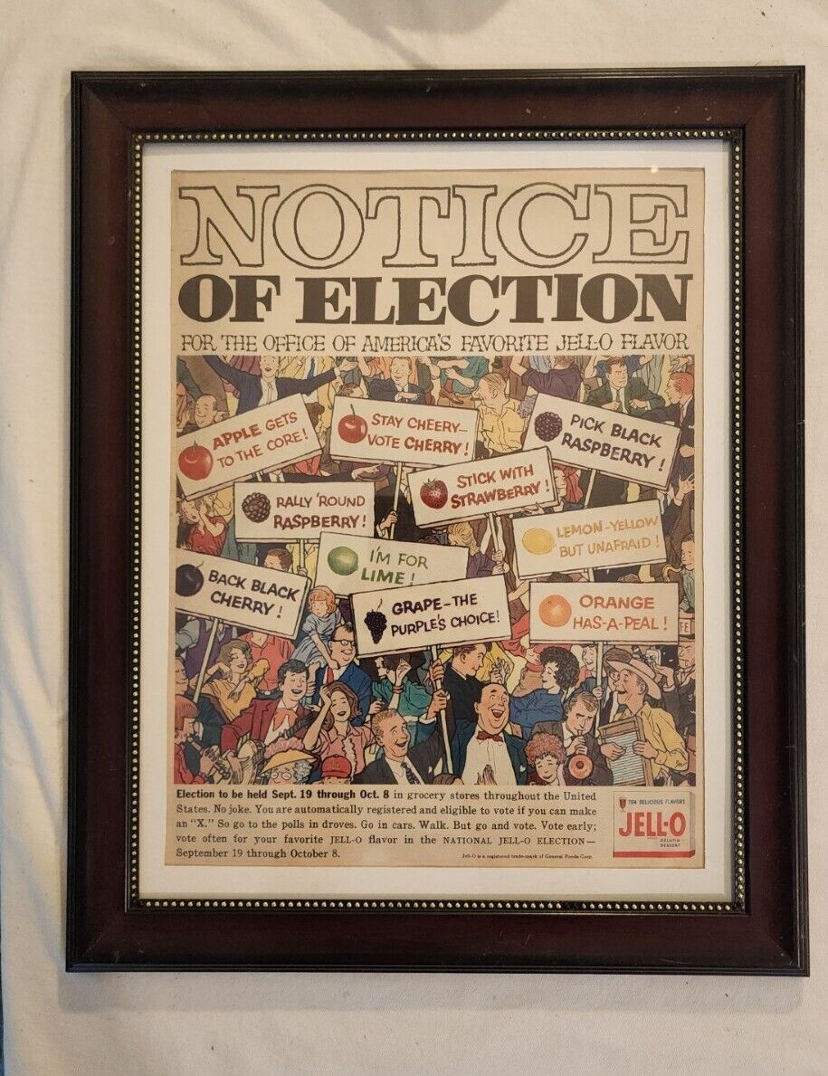 Vintage - 1960 Framed Picture, Photo Ad Jell-o, Election Year, 16 X 13