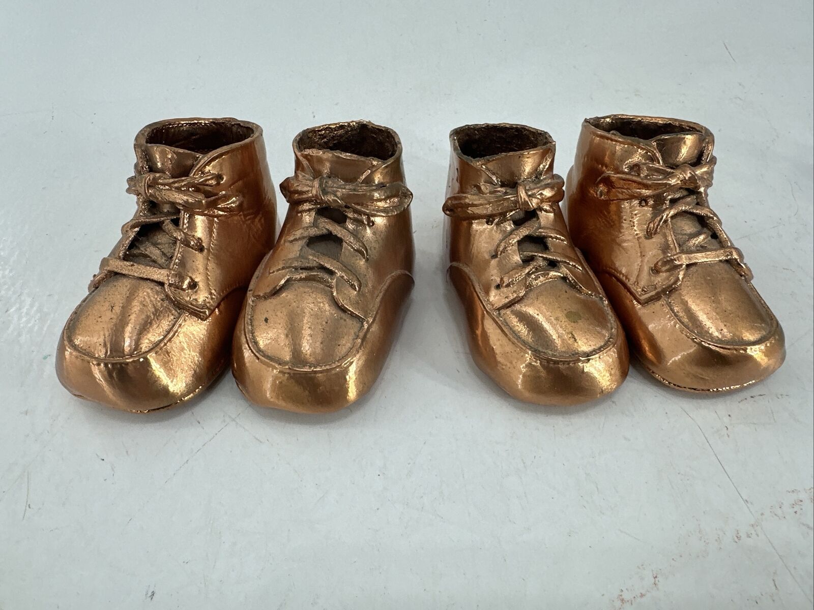 2 Pair Vintage Bronze Copper Baby Shoes Mid Century Lace-ups
