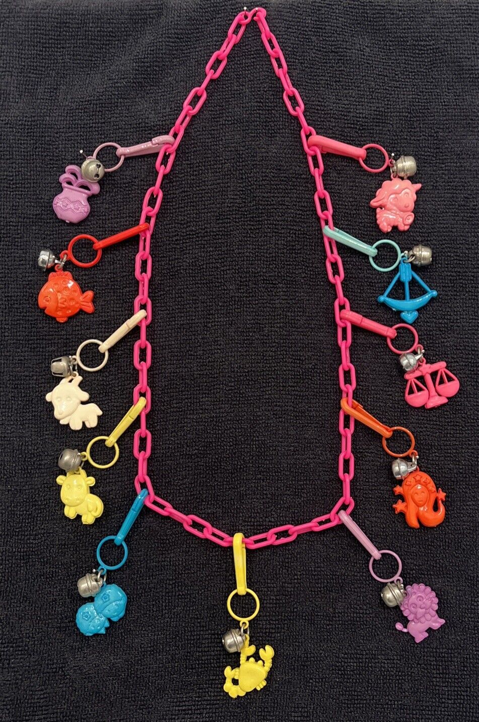 Vintage 1980\'s Plastic Bell Clip On CHARM NECKLACE Zodiac Horoscope Themed Rare