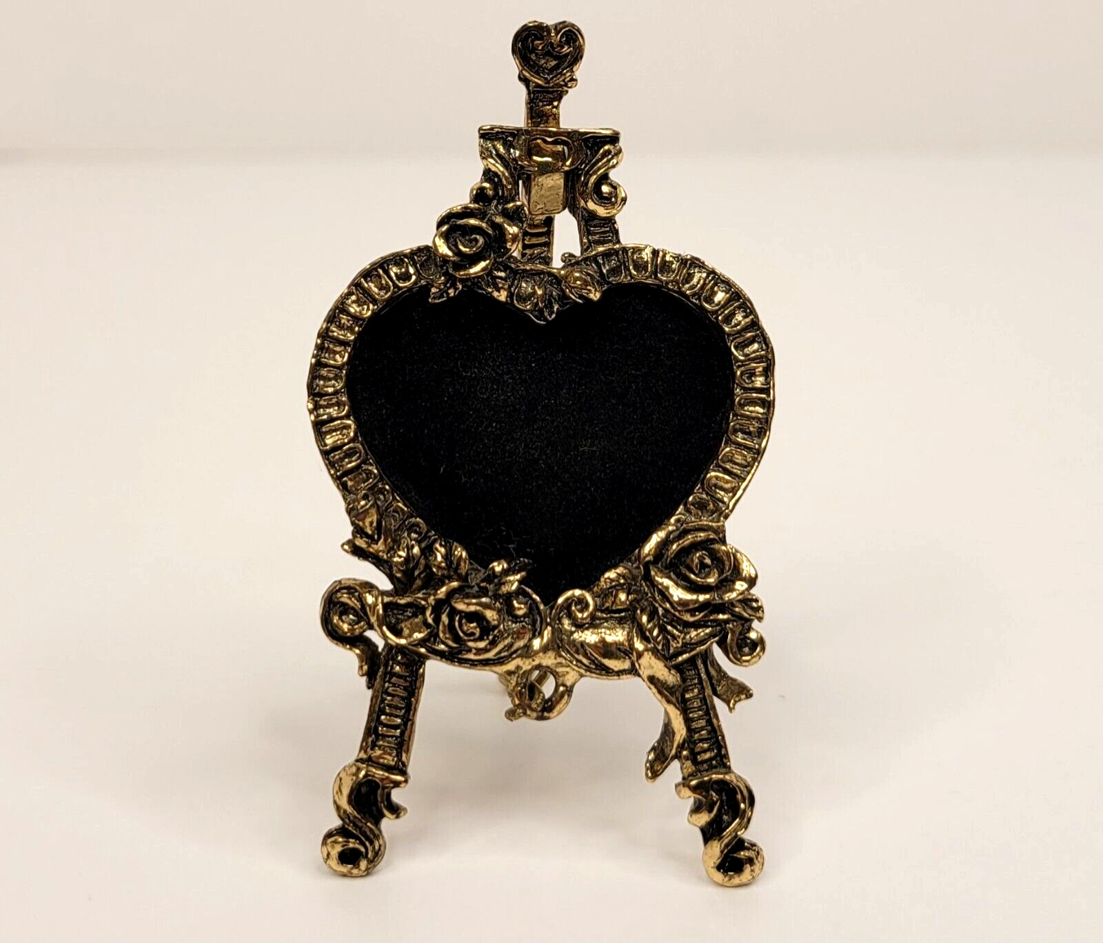 Vintage Enesco Picture Frame Miniature Metal Heart Easel Romantic Roses 3\