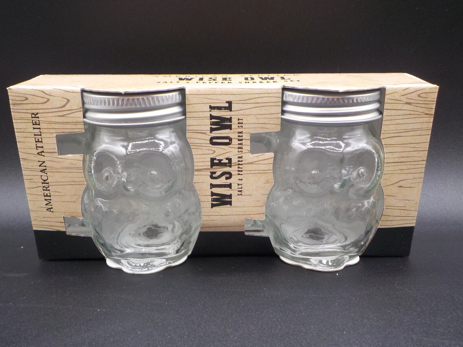 AMERICAN ATELIER Wise Owl Salt & Pepper Shaker Set Clear Jar Handled Metal Lid 