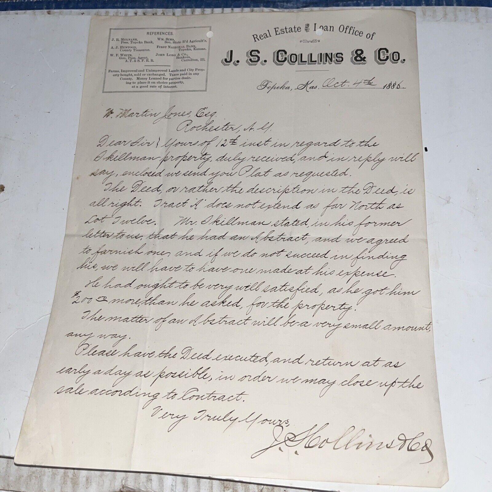 Antique 1886 Real Estate Letter on the Stillman Property - Rochester NY New York