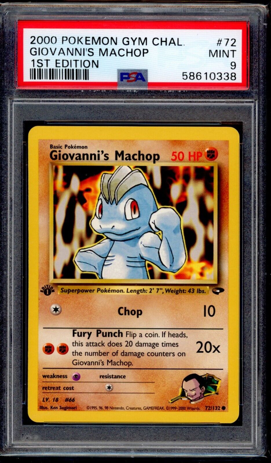 PSA 9 Giovanni\'s Machop 1st Edition 2000 Pokemon Card 72/132 Gym Challenge