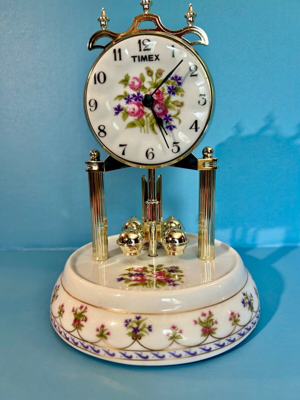 VTG 1980’s Timex Floral Anniversary Porcelain Glass Clock (Works Missing dome)