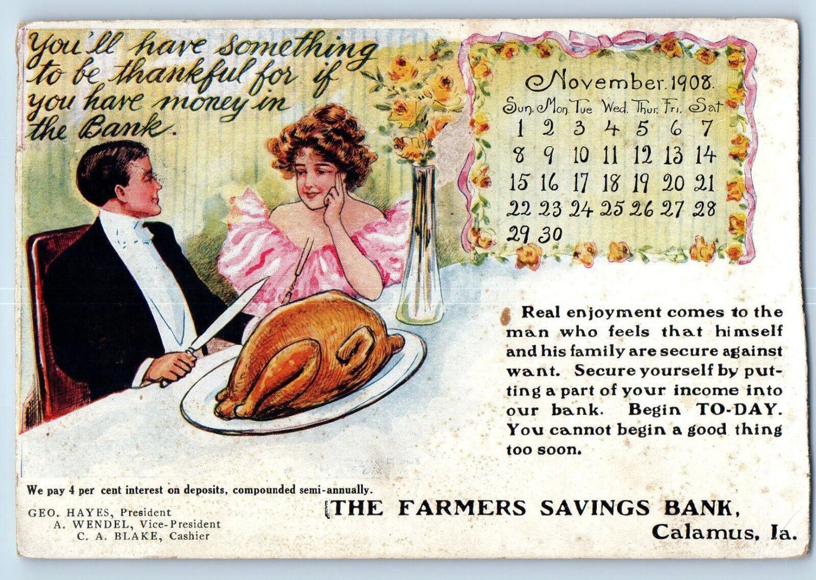 Outcault Signed Postcard The Farmers Savings Bank Couple Romance Calamus Iowa IA