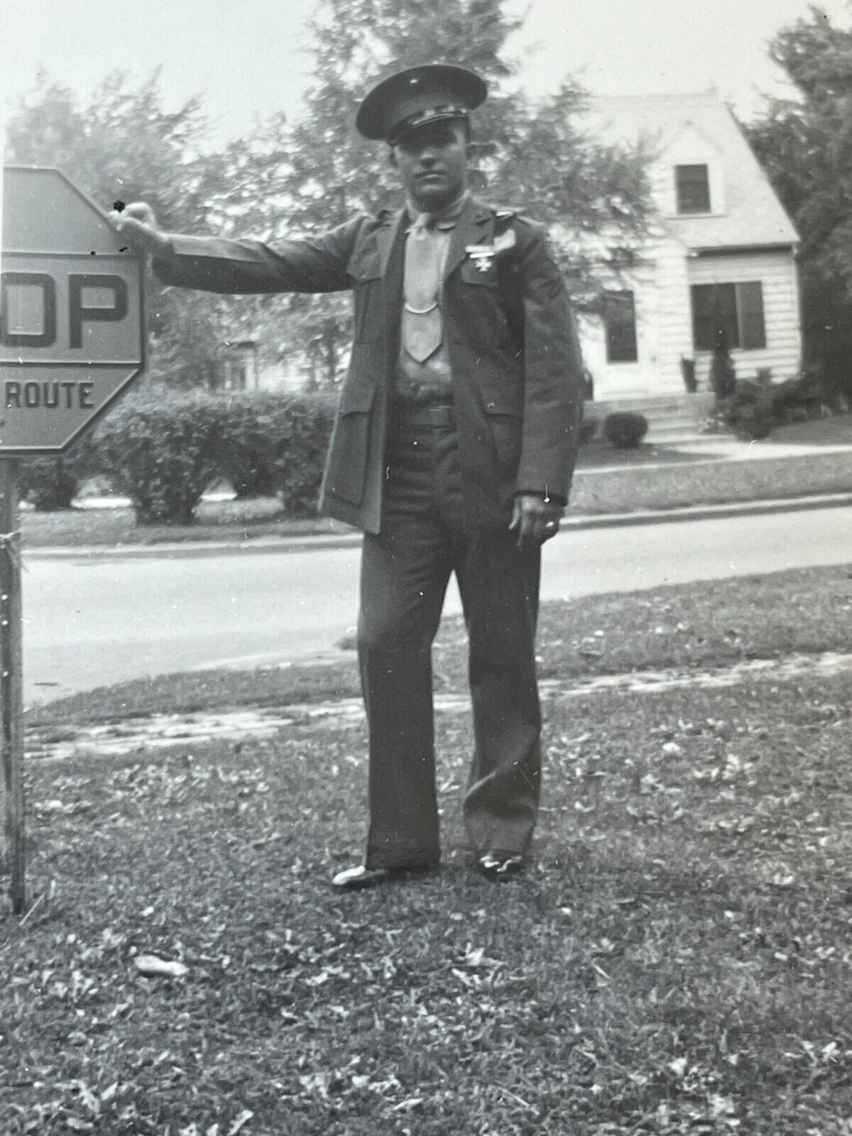 J3 Photograph Handsome U.S. Military Man Uniform STOP Sign 1944