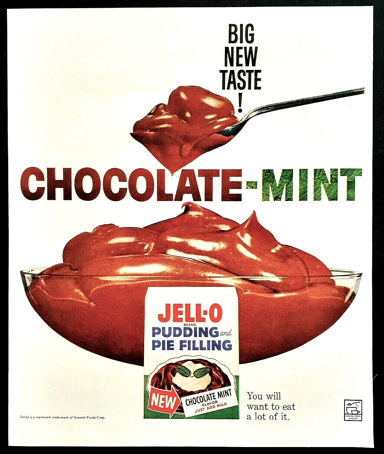 Jello Jell-O pudding ad vintage 1960 chocolate mint pie filling advertisement