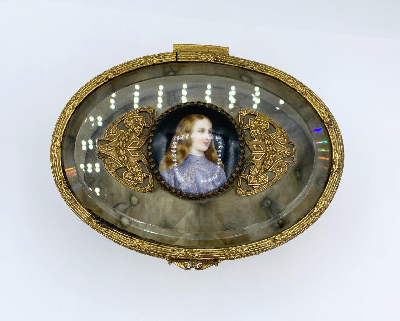Antique French Footed Ormolu Jewelry Box Portrait of Young Woman Beveled Glass