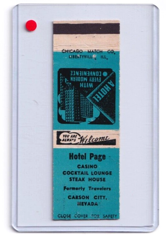 HOTEL PAGE CASINO - 1940\'s gaming matchcover - Carson City, Nevada - Rare