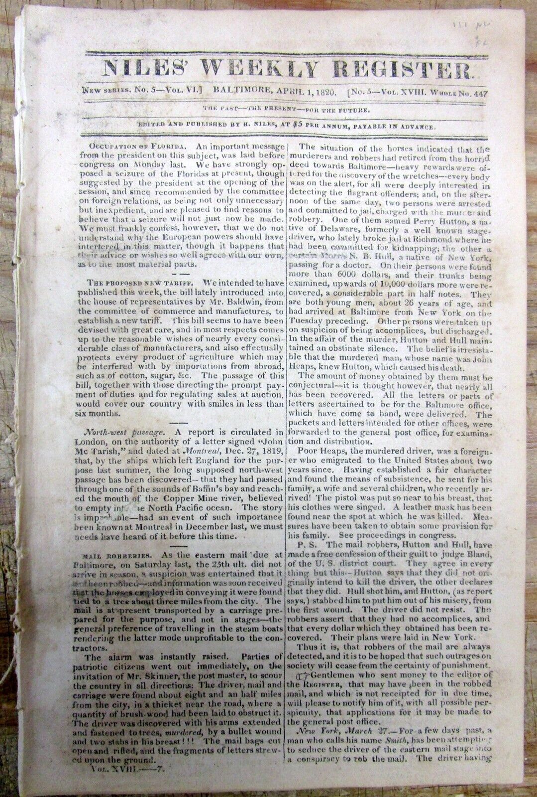 1820 newspaper DISCOVERY OF THE NORTHWEST PASSAGE +US takes over Spanish FLORIDA