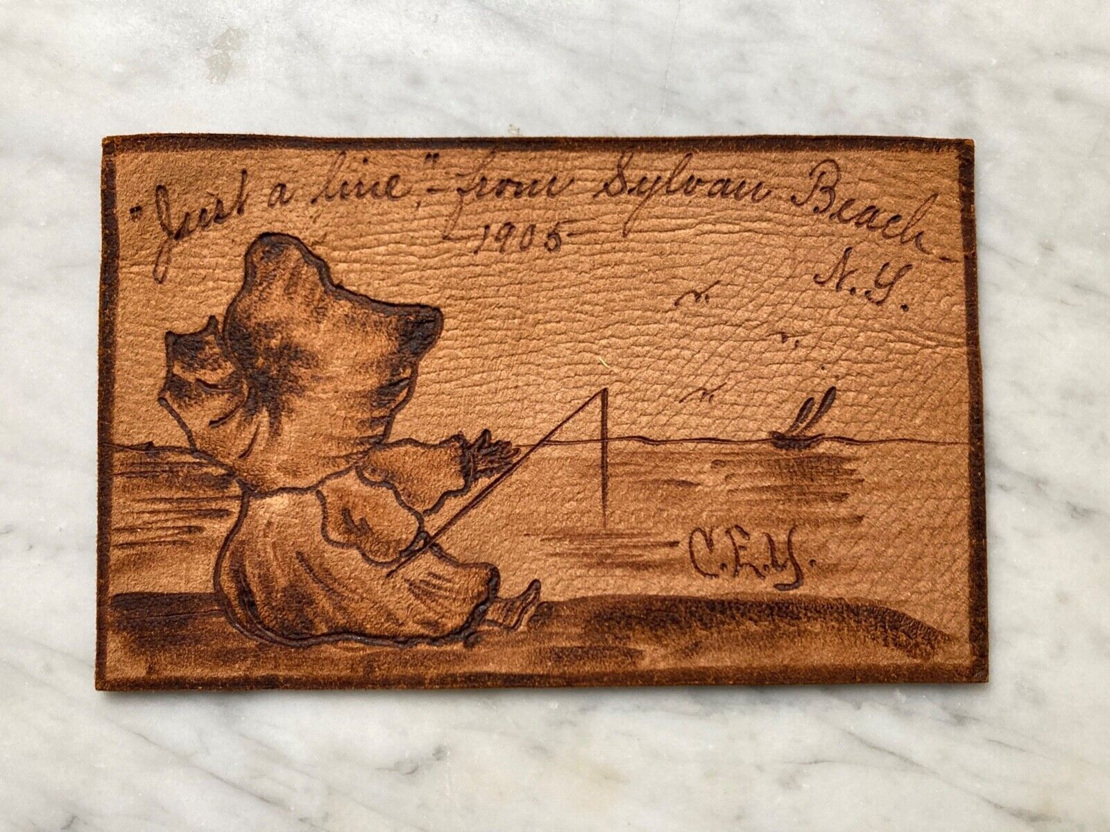 Antique 1905 Leather Postcard Little Girl Fishing At Sylvan Beach NY Posted