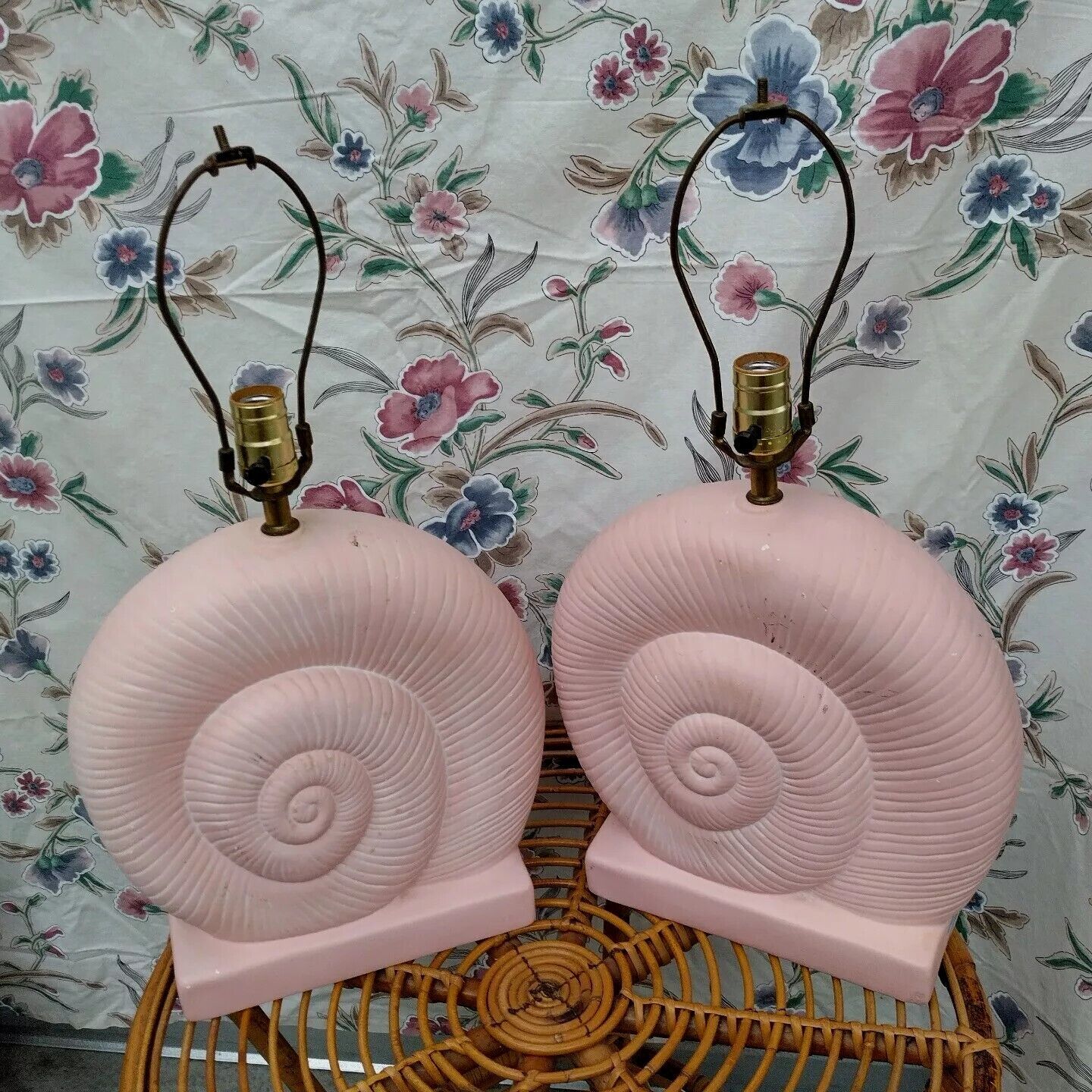Vintage Pair Of Pink Coastal Ceramic Nautilus Seashell Table Lamps