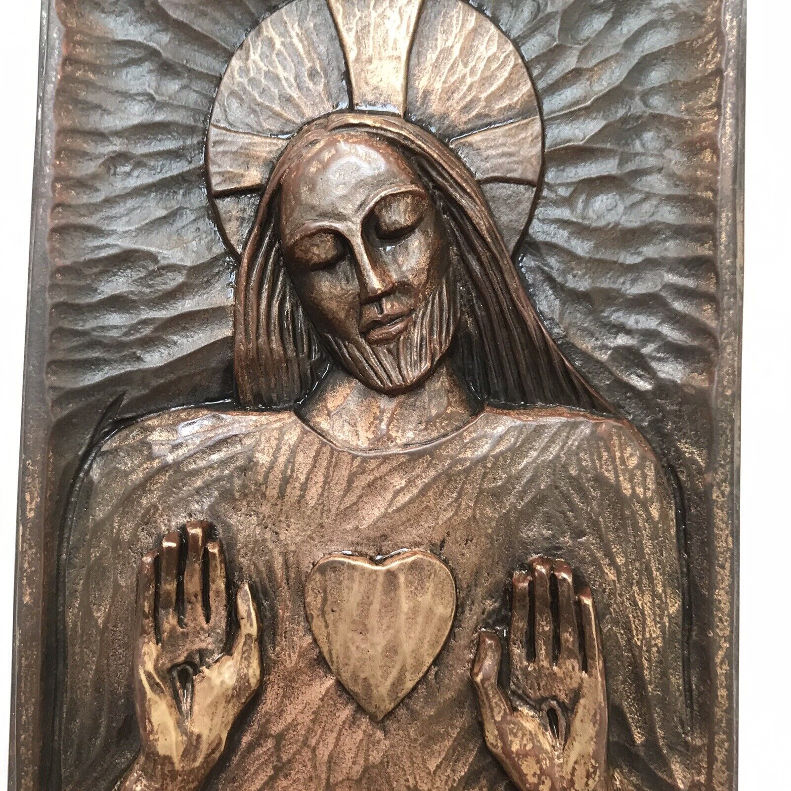 Vintage French Sacred Heart Jesus Copper Wall Plaque Hanging Christ M. Thevenet