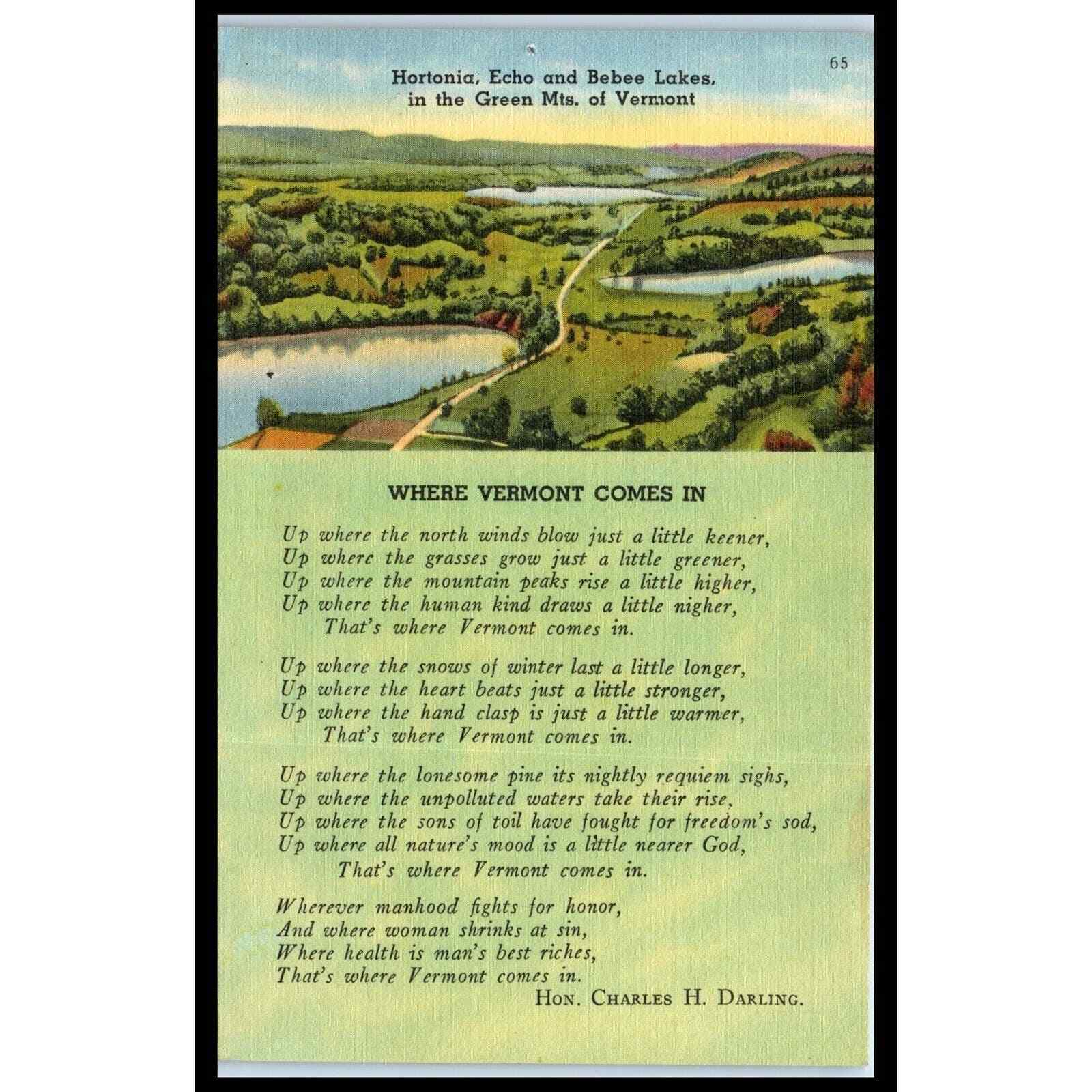 Postcard Where Vermont Comes In Poem Hon. Charles H. Darling Echo Bebee Lakes