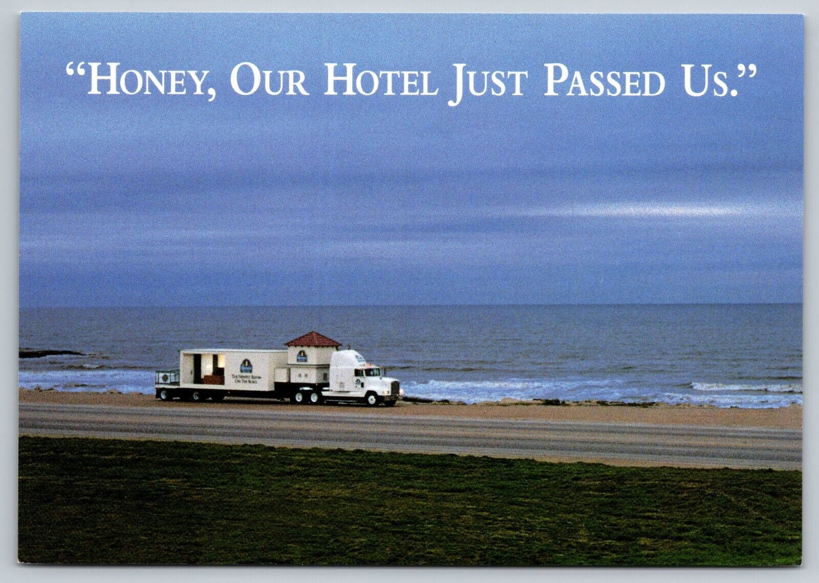Postcard La Quinta Hotel Advert Room on a semi truck near ocean 4D