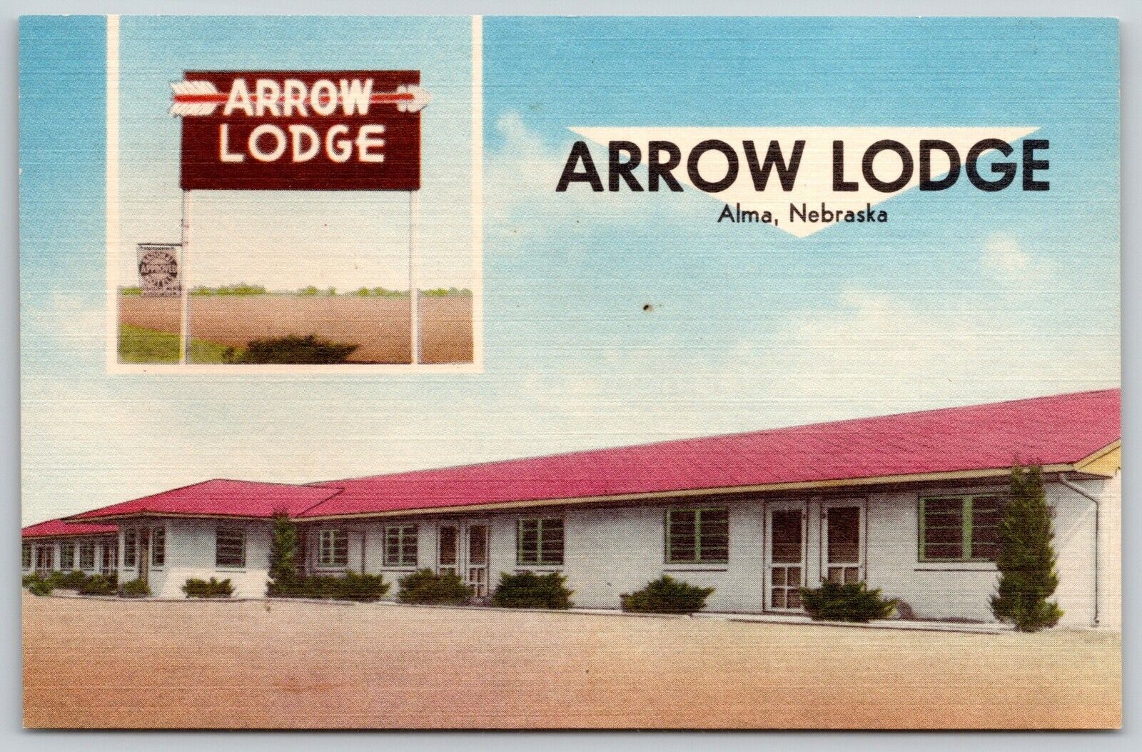 Alma Nebraska~Free Swimming @ Roadside Arrow Lodge~c1940 Linen Postcard