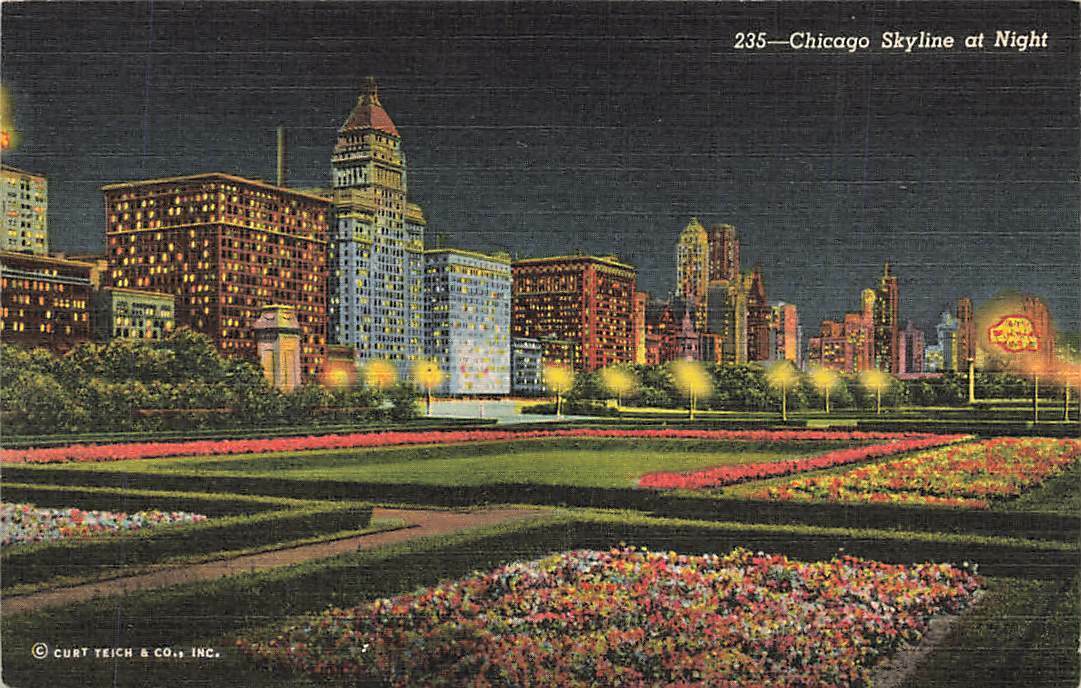 c1940s Chicago Skyline Night Curt Teich IL P377